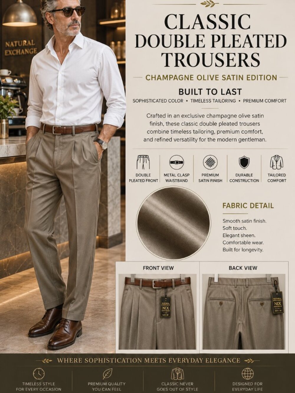 NEW-NWT, N/X. 38"X32" CLASSIC DOUBLE PLEATED